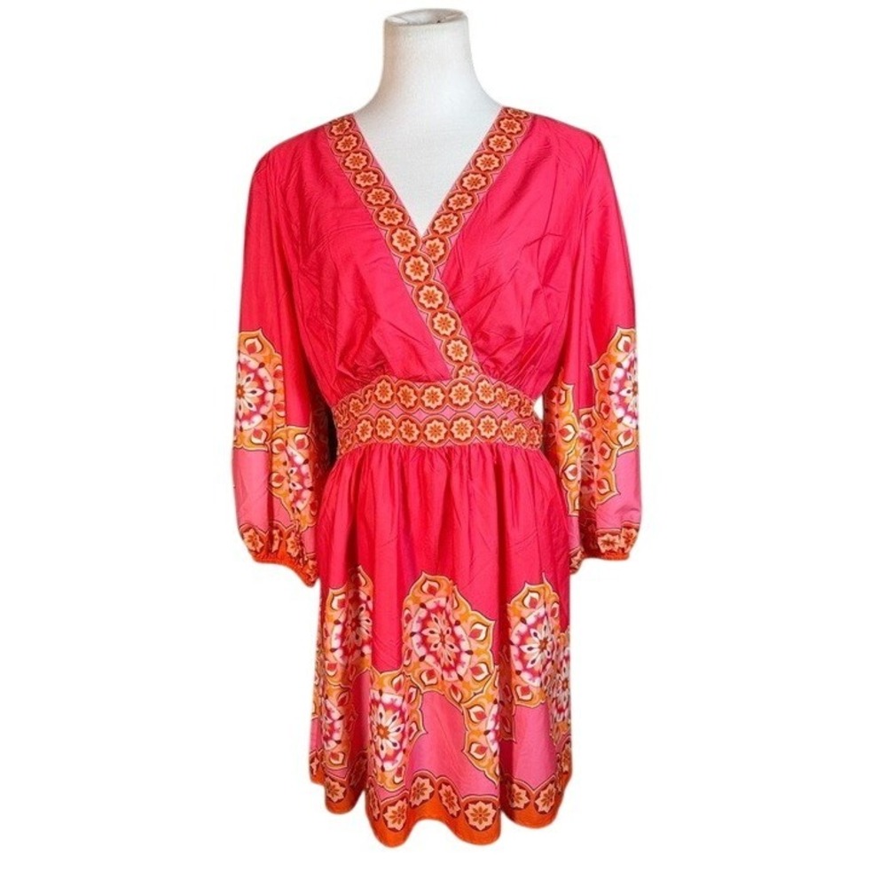 Pink Mandala Tile Print V-Neck Mini Dress Long Balloon Sleeve Boho
